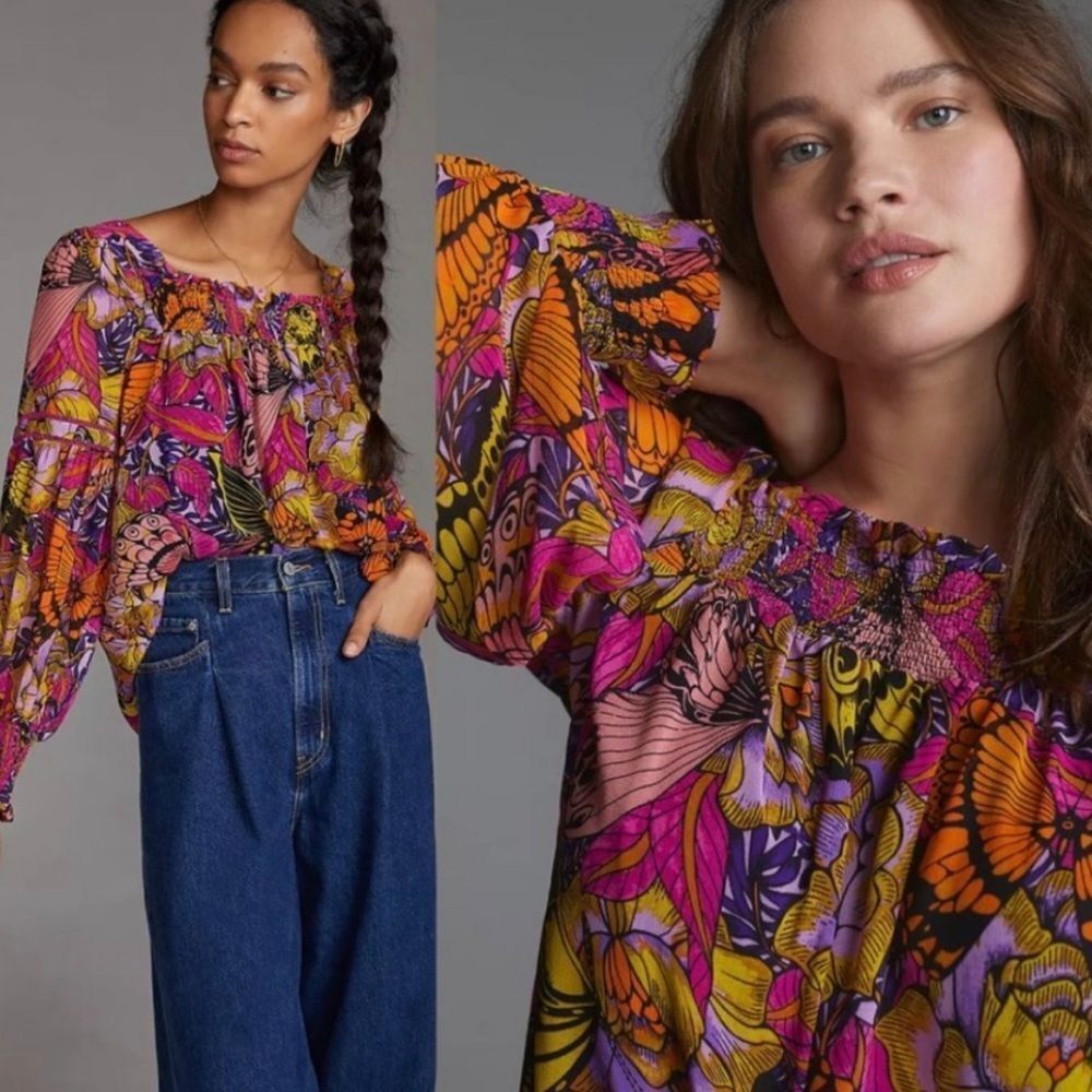Alexandra Farmer x Anthropologie Pink Butterfly Print Puff Sleeve Blouse NEW